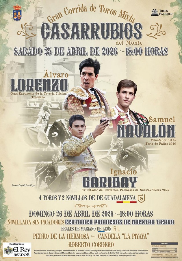 Corrida de toros mixta el 25 de abril en Casarrubios del Monte