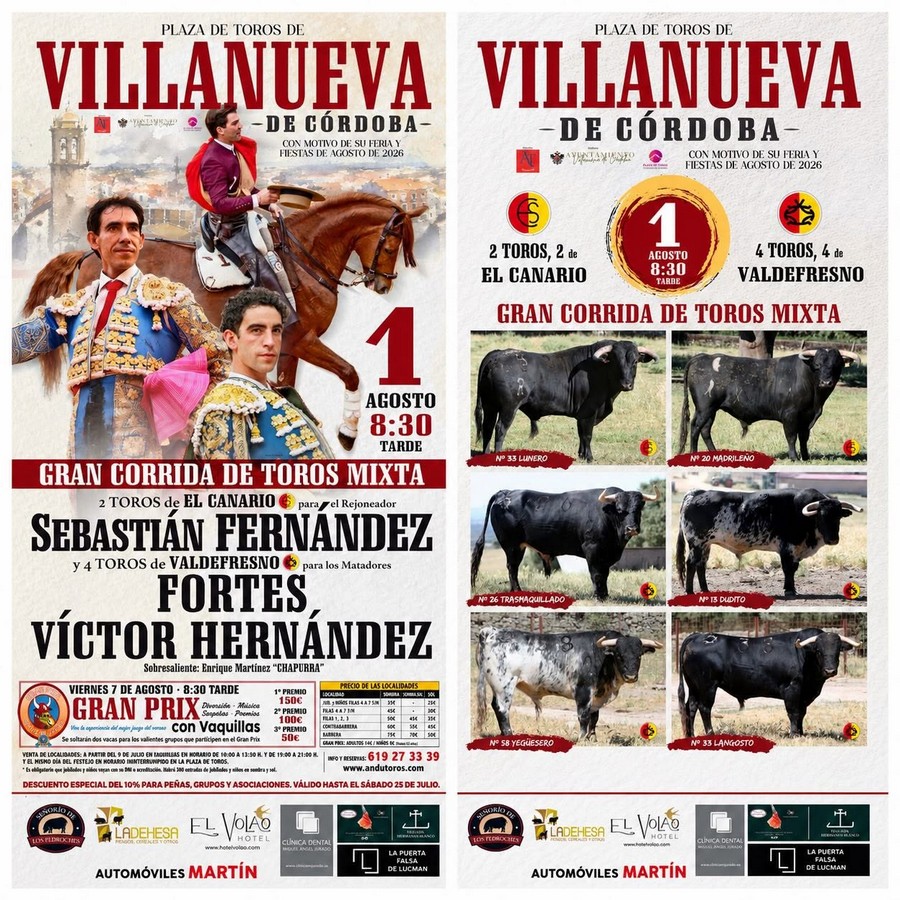 Festejos taurinos para la Feria 2026 en Villanueva de Córdoba